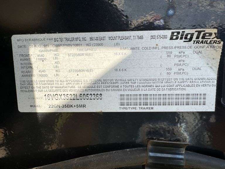 2019 BigTex 22GN-35BK+5MR Gooseneck Trailer, VIN: 16VGX3522L6052368, Salvage Title