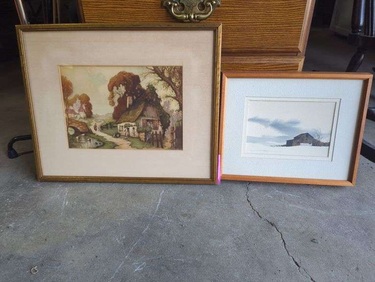 Two Framed Prints: Cottage and Barn Landscape