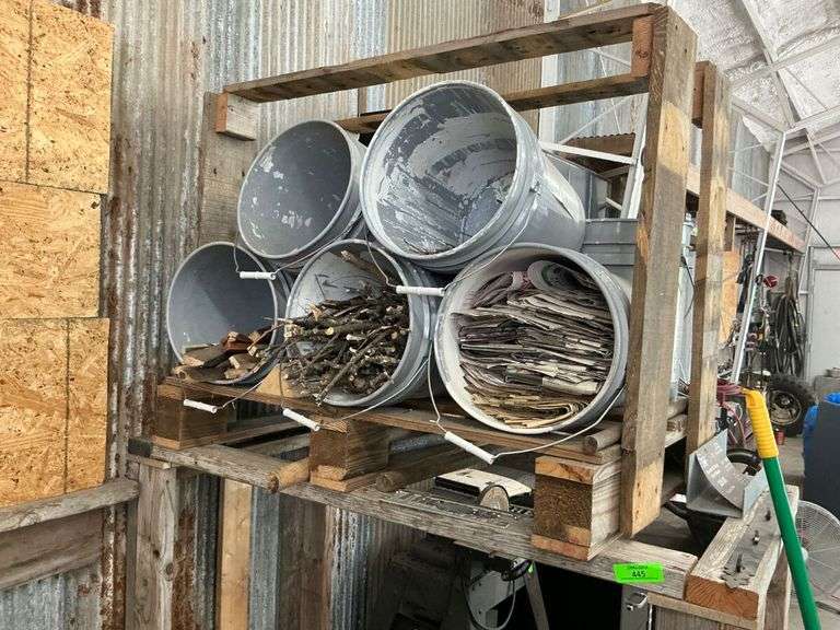 Pallet of Storage Buckets & Wood Scraps