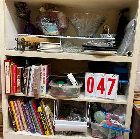 Shelf Lot of Books, Dishes, and Home Items