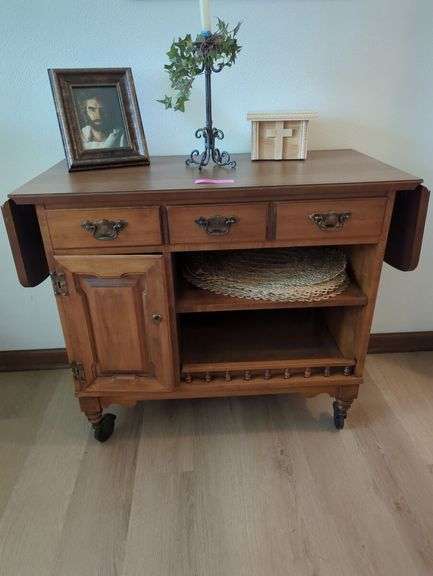 Maple Server with Drop Leaf Sides, Decorations, and Mirror