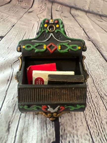 Cast iron match holder and blue in white salt box
