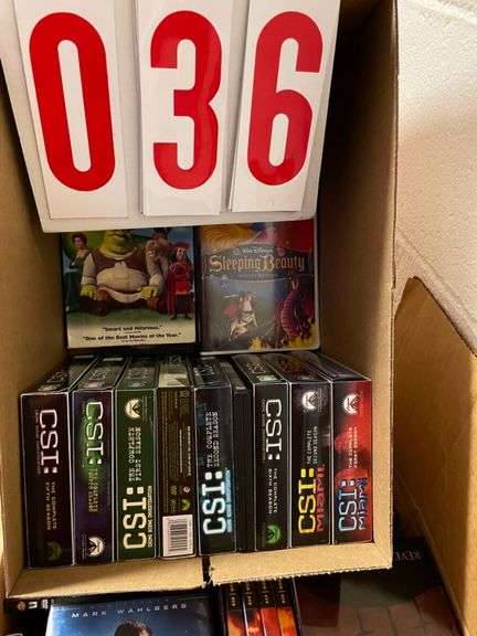 Box Lot of DVDs and CDs - Titles Including CSI, Shrek, American Pie