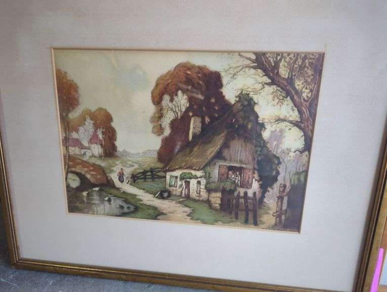 Two Framed Prints: Cottage and Barn Landscape