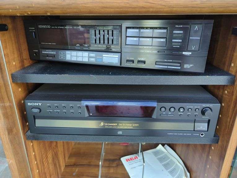 Entertainment Center with Kenwood Receiver, Sony CD Changer, Sanyo Cassette Deck, Daewoo DVD Player and RCA VHS Player