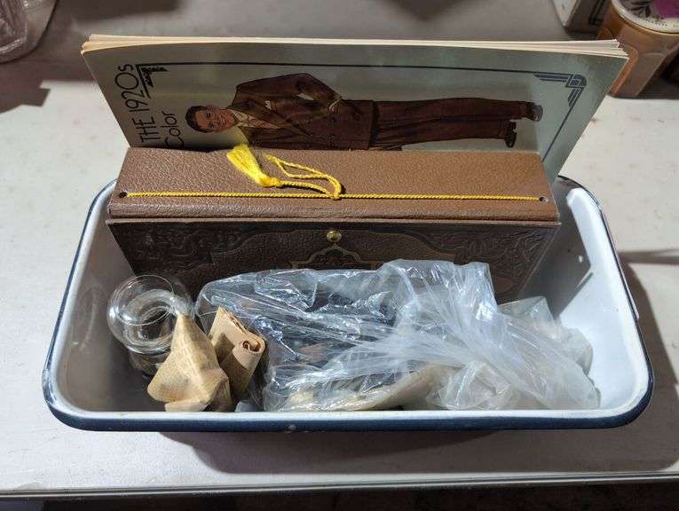 Box Lot with 1920s Paper Dolls, Decorated Box, Cabinet Pulls, and Glass