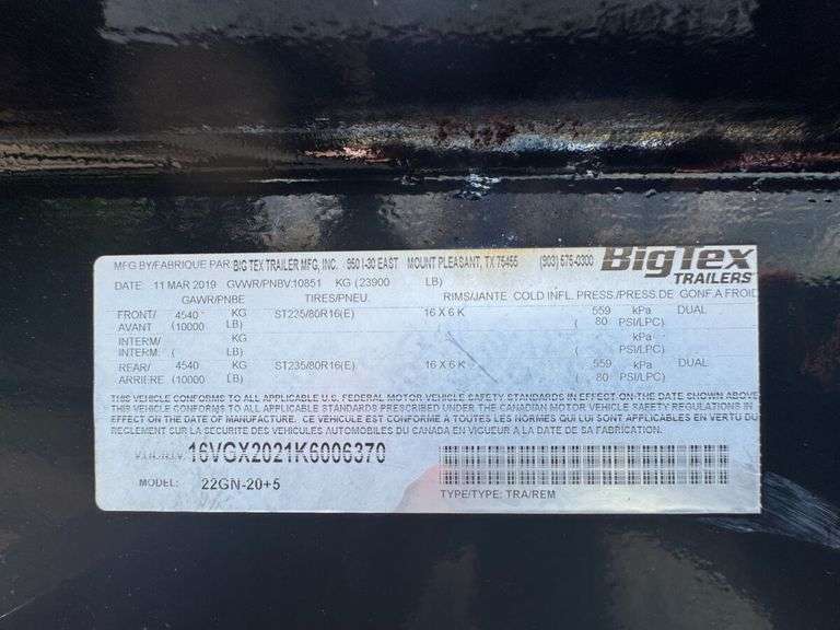 2019 Big Tex 22GN-20+5 Trailer, VIN: 16VDX2021K6006370