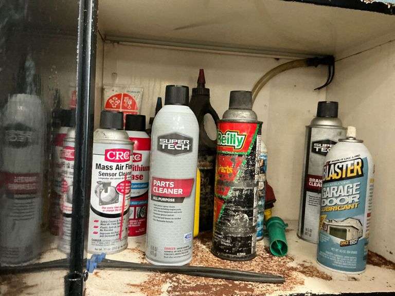 Garage Cabinet of Supplies - Caulking, Cleaners, Lubricants, Repair Items