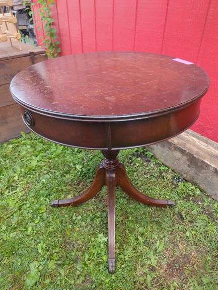 Round Mahogany Accent Table with Drawer