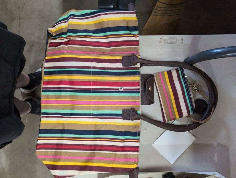 JoAnn Moore Designs Long Handle Fold-Up Tote and Striped Purse