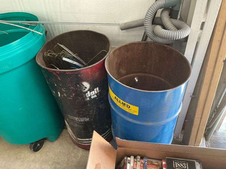 Collection of Plastic and Metal Barrels and Trash Cans - Various Sizes image