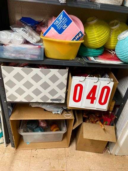 Shelf of Party Supplies and Decorations