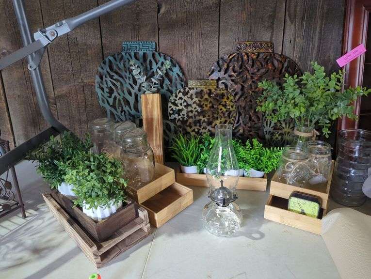 Mixed Decorative Lot with Lantern, Planters, and Wall Art