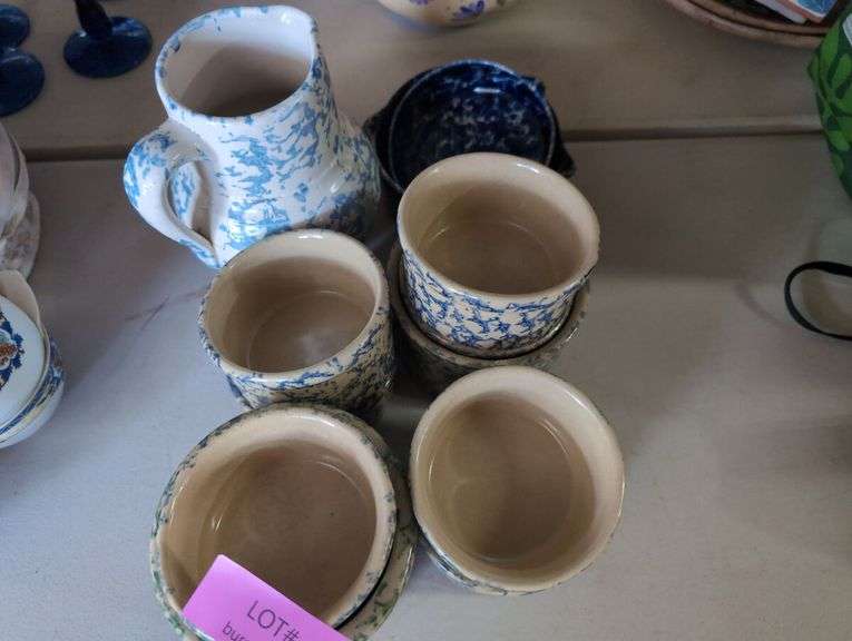 Spongeware Pottery Collection: Pitcher, Bowls, and Cups