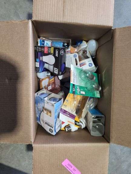 Box Lot of Mixed Light Bulbs and Household Items