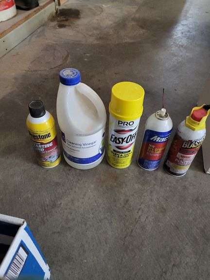 Assorted Cleaning Supplies, Tape, and Kleen Sweep Compound