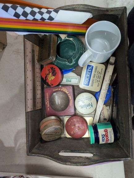 Wooden Tray of Assorted Collectibles