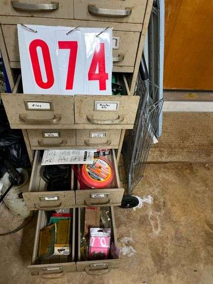 Multi-Drawer Metal Cabinet with Contents