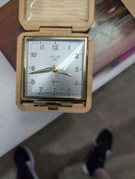 Two Travel Alarm Clocks in Wooden Box