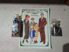Box Lot with 1920s Paper Dolls, Decorated Box, Cabinet Pulls, and Glass