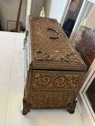 Decorative Treasure Chest with Religious Decor, Eiffel Tower, and Windowpane Mirror