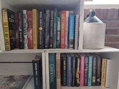 Collection of Books, Stoneware Jugs, and Decorative Storage Box