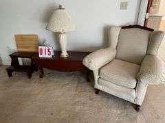 Accent Furniture Grouping: Wingback Chair, Lamp, Drop Leaf Table, & Step Stool