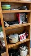 Household Shelf Lot with Bowls, Crockpots, Coffee Maker, and More