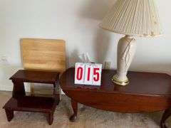Accent Furniture Grouping: Wingback Chair, Lamp, Drop Leaf Table, & Step Stool