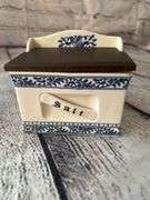 Cast iron match holder and blue in white salt box