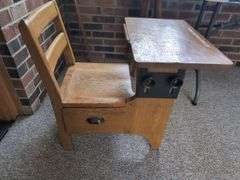 Wooden School Desk, Clock, and Decor