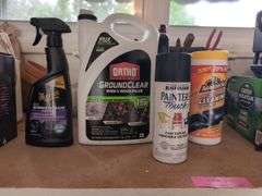 Contents of workbench, barn, lantern, ground clear, air station, toolbox, Tonka trucks, and more