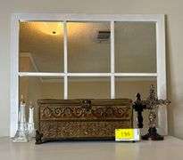 Decorative Treasure Chest with Religious Decor, Eiffel Tower, and Windowpane Mirror