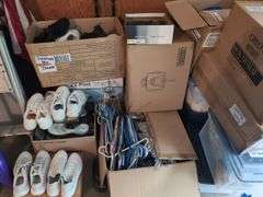 Boxes of Assorted Clothing, Shoes, Accessories, and Household Items