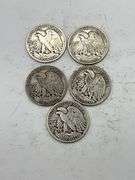 Five Walking Liberty Half Dollars 1934-1945