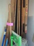 Collection of Brooms, Rakes, Shovels, and Cleaning Tools