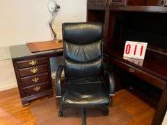 Mahogany Office Desk Hutch Set with Leather Chair and Glass Top