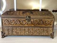 Decorative Treasure Chest with Religious Decor, Eiffel Tower, and Windowpane Mirror