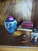 Assorted Collectibles: Japanese-Style Vase, Winston Churchill Figurine, Playing Cards and Leather Boxes