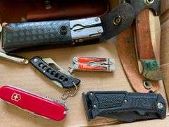 Box Lot of Folding Knives and Multi-Tools