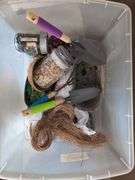 Nine totes of assorted household miscellaneous and two plastic stacking chairs