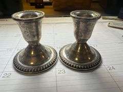 Pair of Weighted Silver Candlestick Holders and Souvenir Spoons