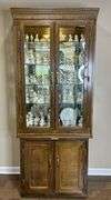 Glass Front Solid Oak Display Case with Glass Shelves & Lower Cabinet