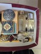 Box Lot of Perfume Bottles, Trinket Boxes, and Other Assorted Items