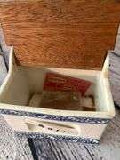 Cast iron match holder and blue in white salt box
