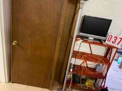 Assorted Household Items: 2 doors, Shelving Unit, Television, and Floor Lamp