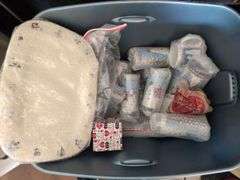 Nine totes of assorted household miscellaneous and two plastic stacking chairs