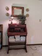 Secretary Desk with World Book Encyclopedia and Decorative Items