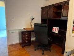 Mahogany Office Desk Hutch Set with Leather Chair and Glass Top
