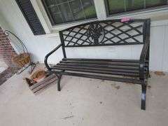 Assorted Outdoor Decor Items: Bench, Milk Can, Wind Chimes, and More